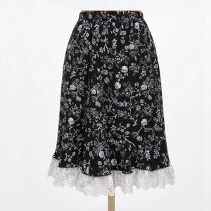 Vintage - Black & White - Floral with Lace Trim Skirt - Medium